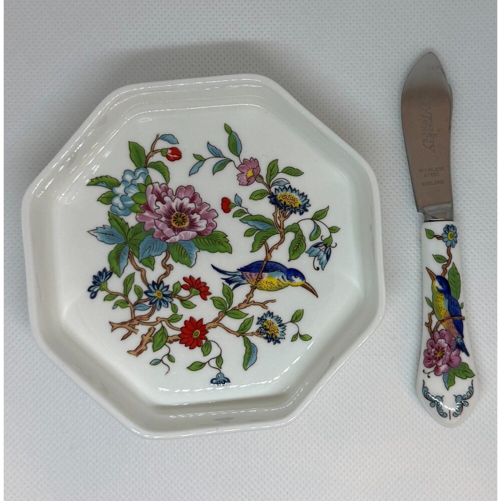 Aynsley Pembroke Individual Butter Dish & Knife England Bone China Octagonal